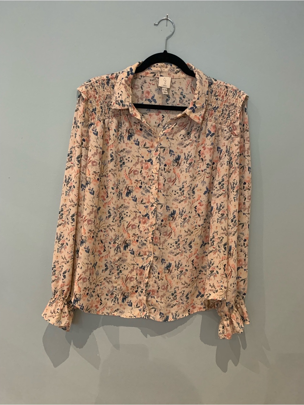 Joie Soft Pink Floral Smocked Shoulder Button-Down Blouse
